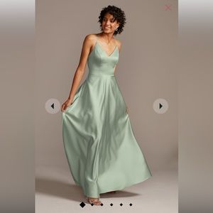 David’s Bridal spaghetti strap satin a-line long bridesmaid dress (dusty sage)